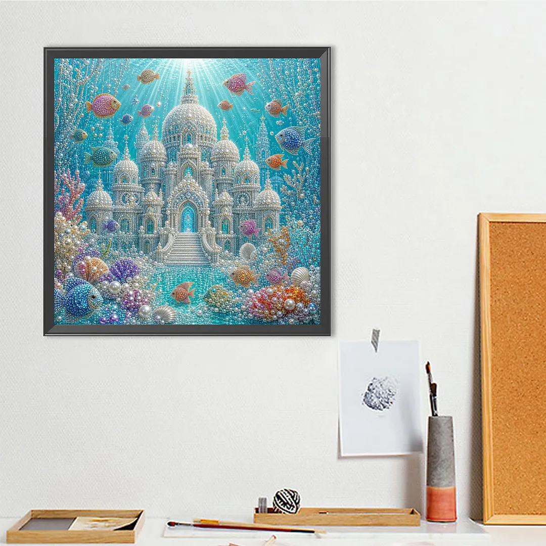 Underwater Castle Pearl Full DIY 5D Round Drill Gem Art Diamond Painting Kits 15.75x15.75 in Diamond Dots Paintings Picture Arts Craft Diamond Art Kits for Adults Beginner Home Wall Decor