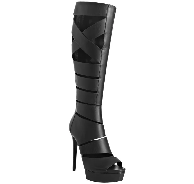 Black Strappy Heels Cut Out Platform Sandals |FSJ Shoes
