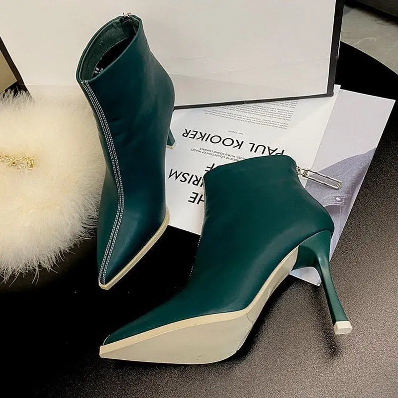 2020 Fashion INS Short Boots Woman,High Heeled Ankle Boot,Women Autumn Shoes,Pointed toe,Female Footware,Back Zipper,Black Green