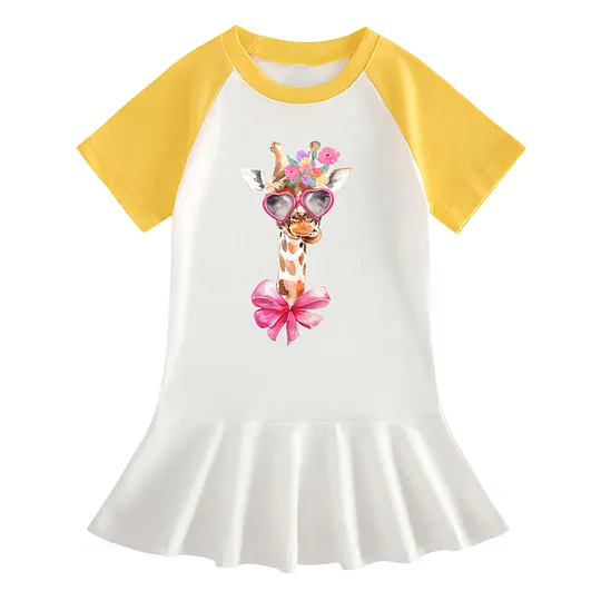 【18M-9Y】Giraffe With Heart Sunglasses Ruffle Dress For Girls