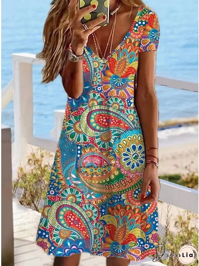 Casual Dress T Shirt Dress Tee Dress Ethnic Dress Mini Dress Red Dusty Blue Rainbow Short Sleeve Floral Print Summer Spring Deep V Vacation S M L XL 2XL 3XL for Women