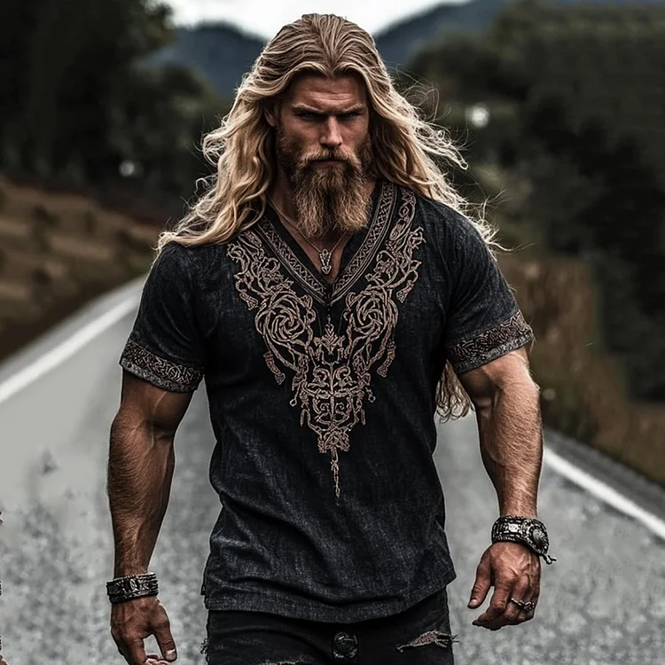 Men's Retro Viking Celtic Knot Art Linen Casual T-shirt
