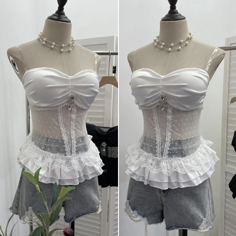 Nigikala Nigikala Eager Heavy-Working Transduce Mesh Lace Spliced Ribbon Ribbon Strap Chest Pad Tector Blouse 2721