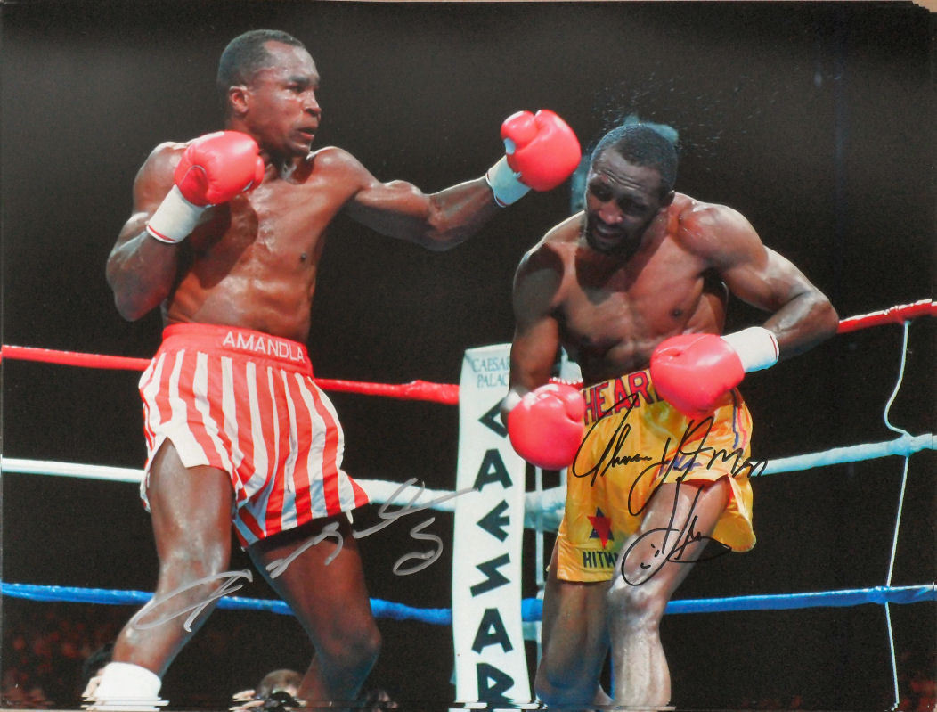 THOMAS HEARNS & SUGAR RAY LEONARD SIGNED BOXING Photo Poster painting COA PROOF WORLD CHAMPIONS