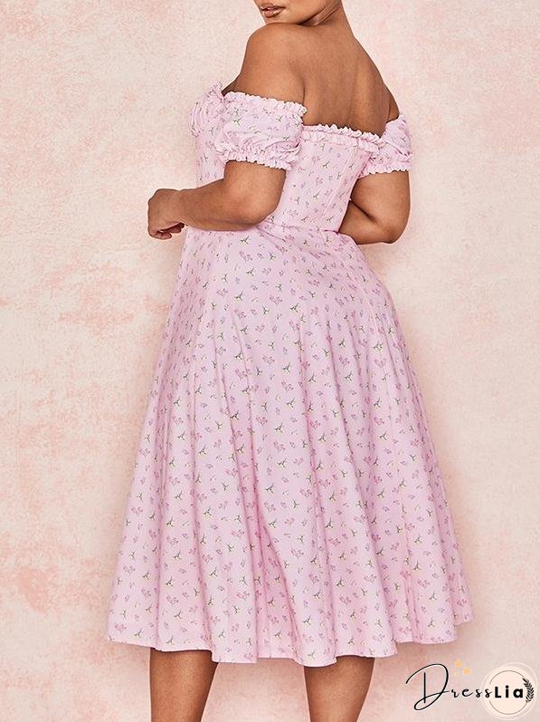 Card Shoulder Printed High Split Midi Dress