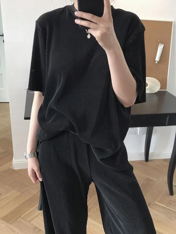 Ruffled Elastic Loose Solid T-Shirt