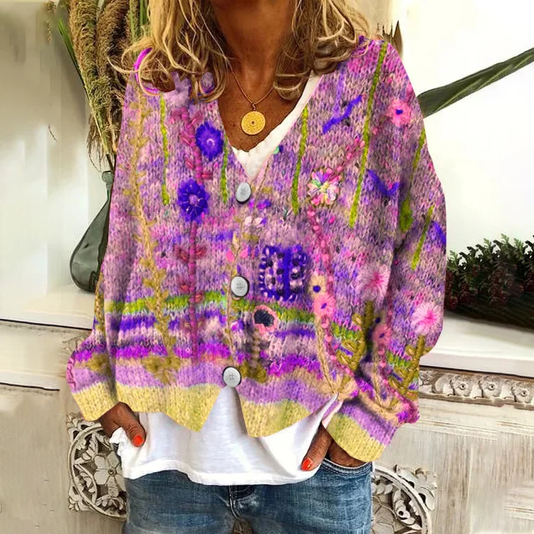 VChics Vintage Floral Print V-Neck Long Sleeved Knitted Cardigan