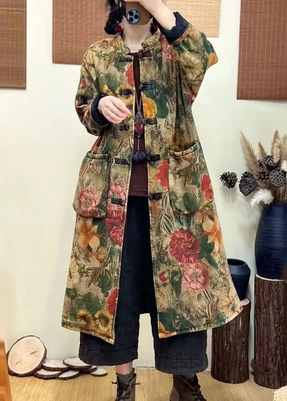 Bohemian Green Pockets Print Chinese Button Fine Cotton Filled Coat Winter