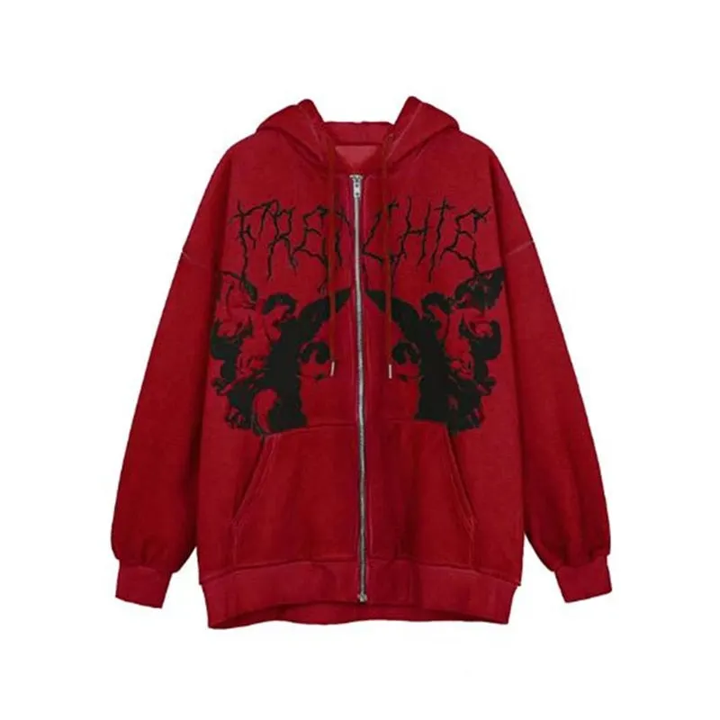 Xingqing Women Full Zip Hoodies Fashion Portrait Print Long Sleeve Loose Sweatshirt Tops Y2K Aesthetic Ladies Clothes Streetwear