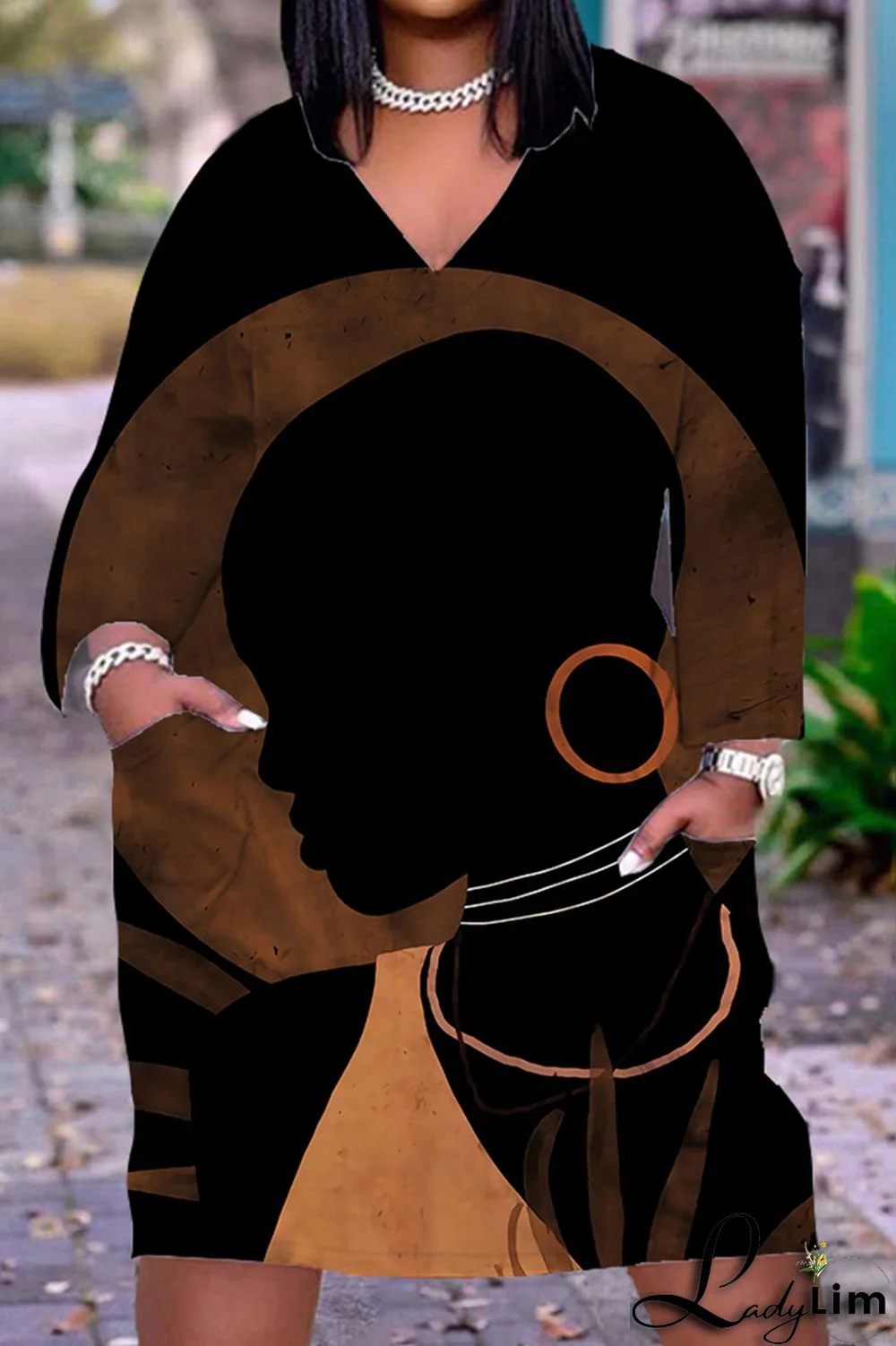 Black Yellow Fashion Casual Print Patchwork V Neck Long Sleeve Dresses