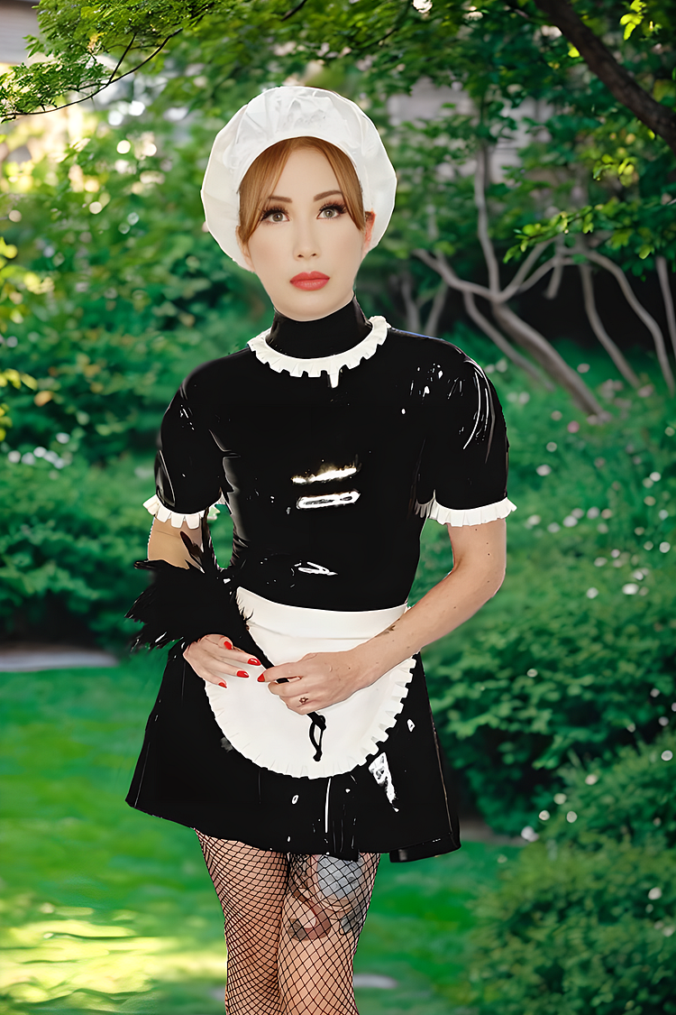 Women Latex Uniforms Puffy Sleeve Ruffled Maid Set 