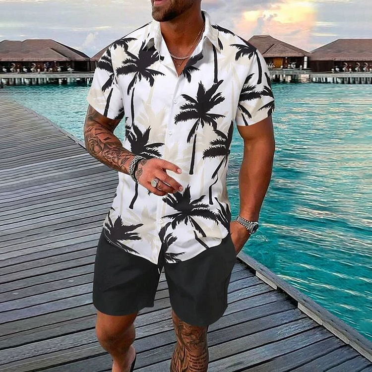 BrosWear Men Coconut Tree Print Shirt And Shorts Co-Ord