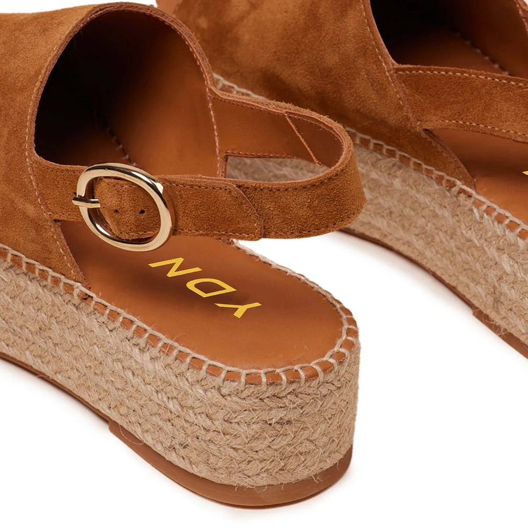 Brown Vegan Suede Open Toe Slingback Espadrille Platform Sandals