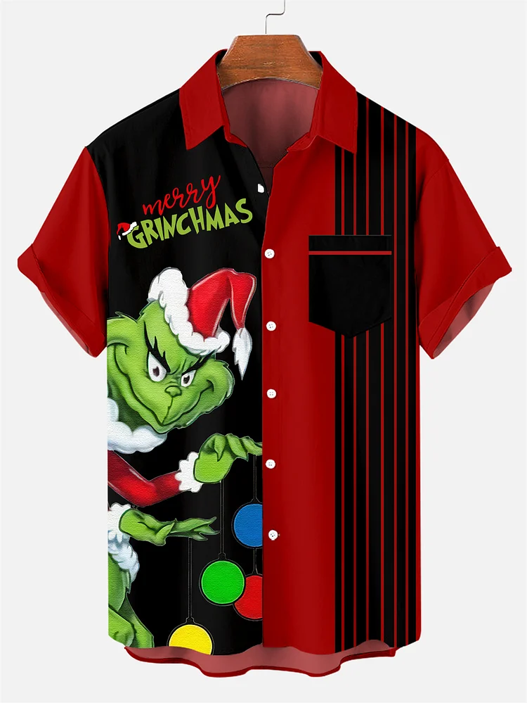 Men's Classic Christmas Green Monster First Gift Print Short Sleeve Shirt PLUSCLOTHESMAN