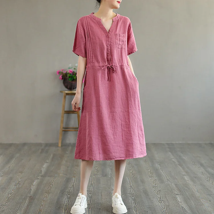 Summer Linen Short Sleeve Loose V-Neck Lacing Dress