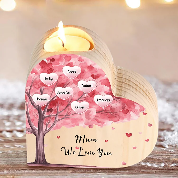 7 Names-Personalized Pink Heart Tree Heart-Shape Candlestick Set With Gift Box Custom Text  Mother's Day Gift Wooden Custom Candle Holder For Family