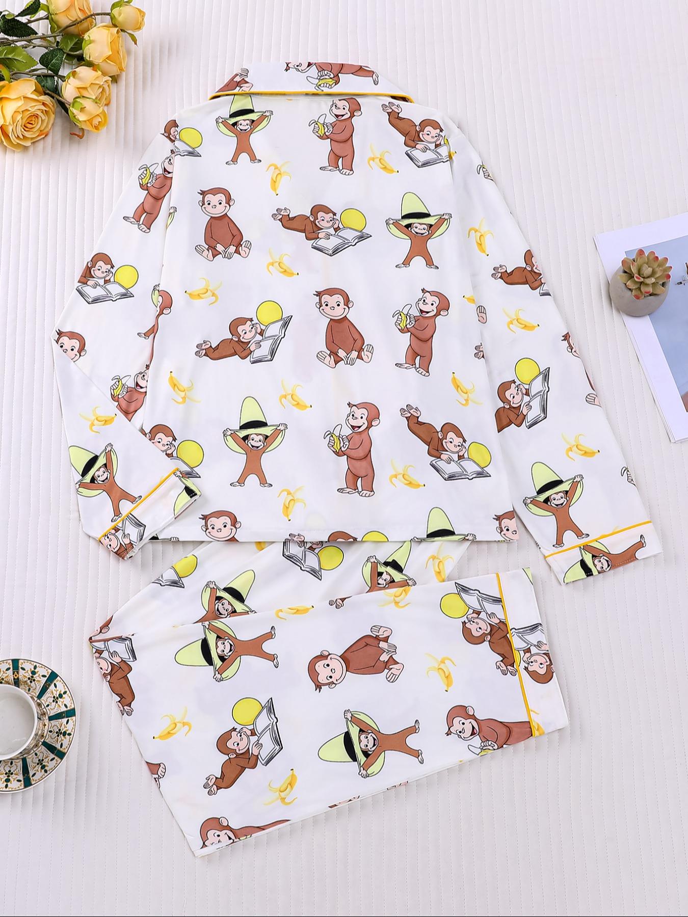 Women's Monkey Banana Print Pajama Set Pyjamas Pjs, Comfortable Fit Long Sleeve Button Shirt & Elastic Pants, Casual Everyday Home Wear Loungewear for All Seasons