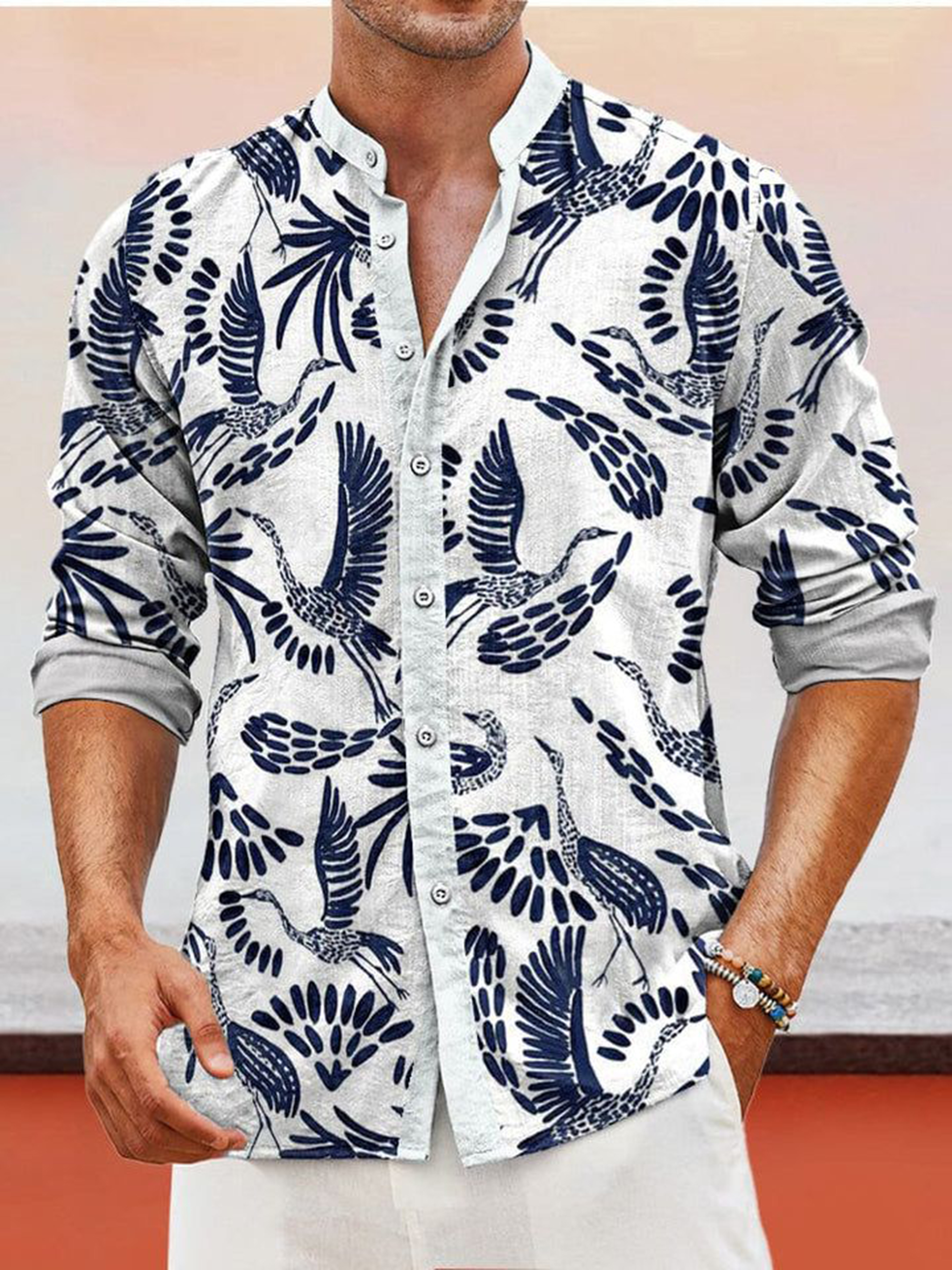 Men's Linen Japanese Design Printed Casual Long Sleeve Shirt / TECHWEAR CLUB / Techwear