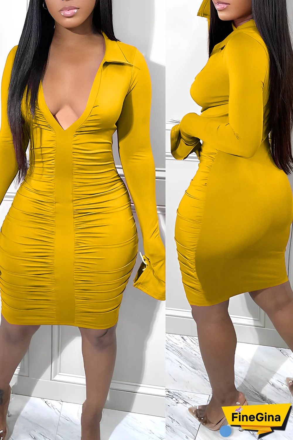 Blue Sexy Solid Fold Turndown Collar Pencil Skirt Dresses