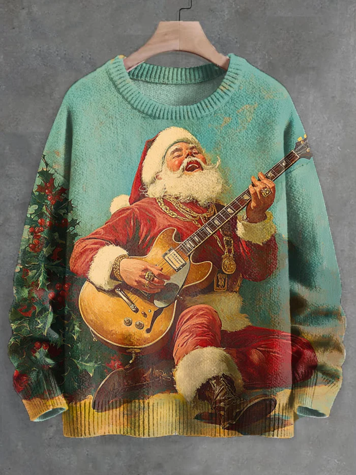 Men's Christmas Santa Playing Guitar Print Knit Sweatshirt