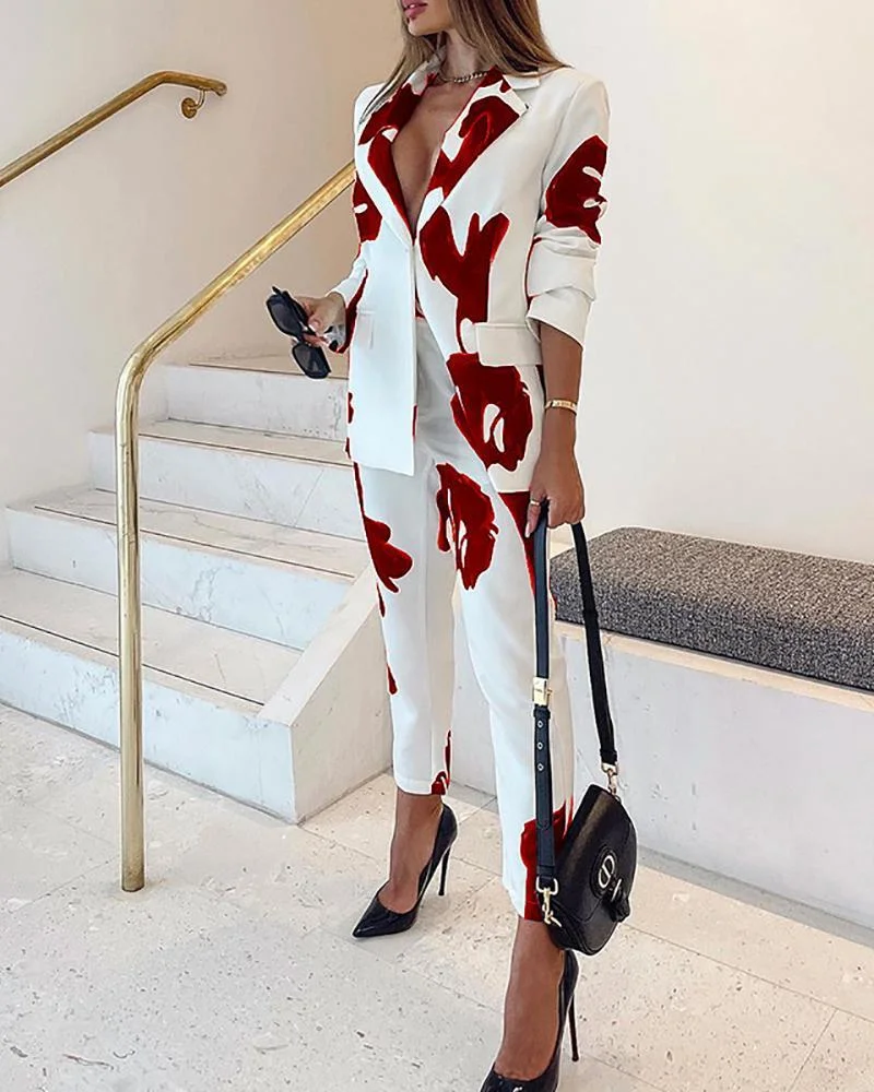 Long-sleeved blazer & trousers printed two-piece set