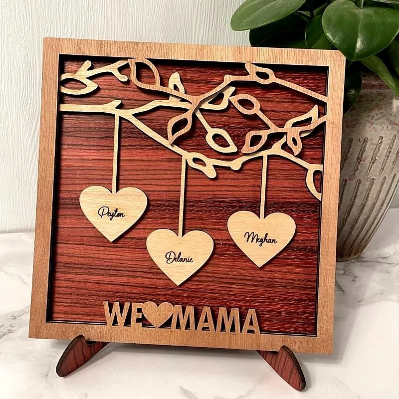 Vangogifts 'WE ❤ MAMA' Family Tree Wood Frame with Easel Name Engraved Logo Personalized Home Decor