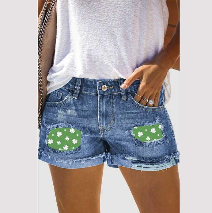 Floral Series Print Ripped Denim Shorts