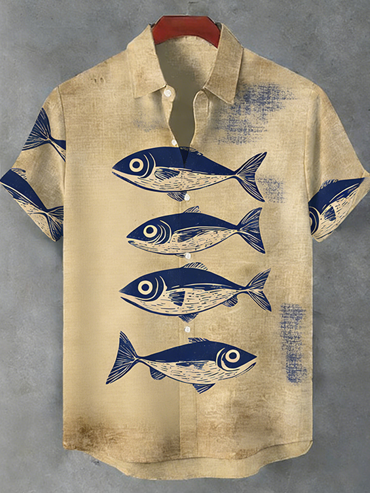 Retro Fish Japanese Retro Linen Art Short Sleeve Shirt  artssus