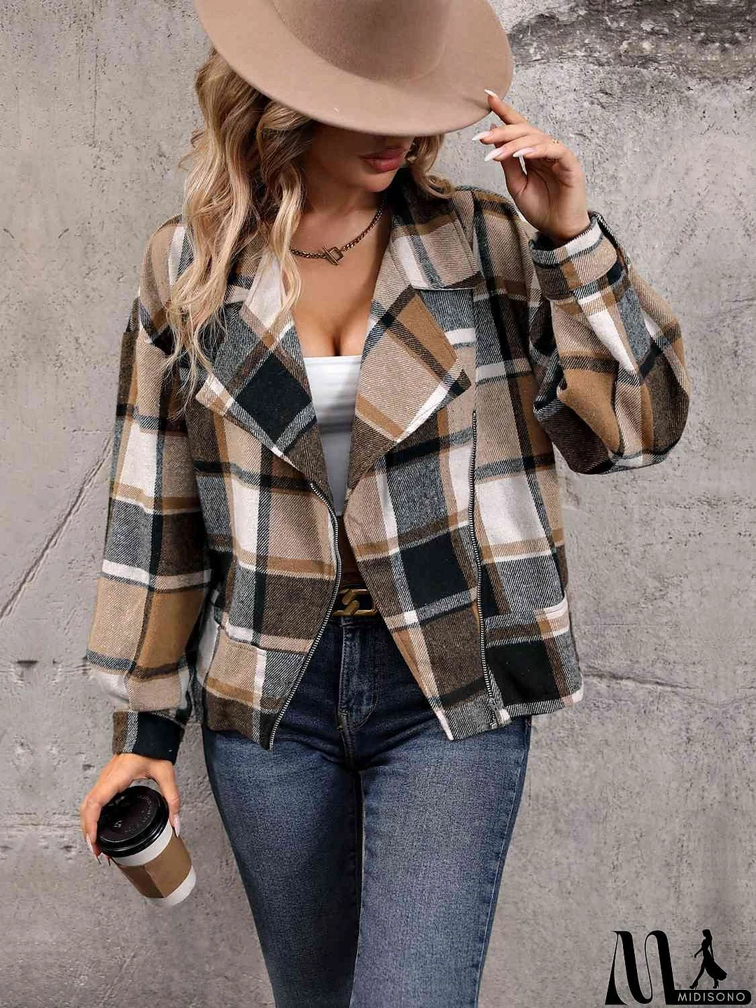 MidiSono - Plaid Collared Neck Long Sleeve Jacket