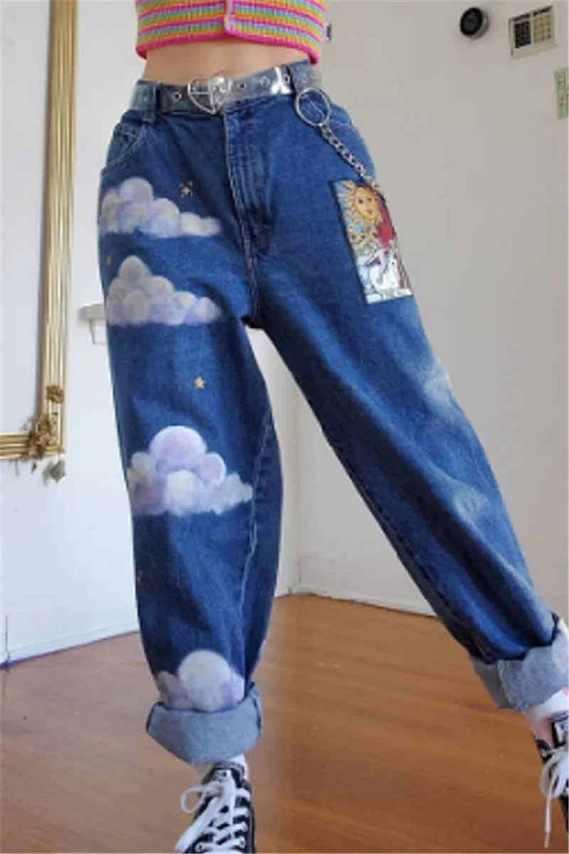 Blue Fashion Casual Straight Print Jeans (Without Belt) | EGEMISS