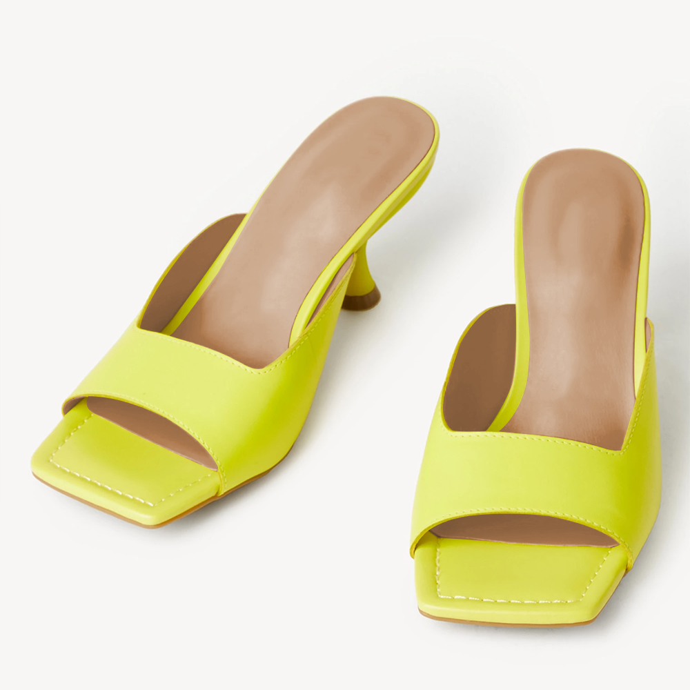 Yellow Square Toe Stiletto Heel Wide Band Mules Nicepairs