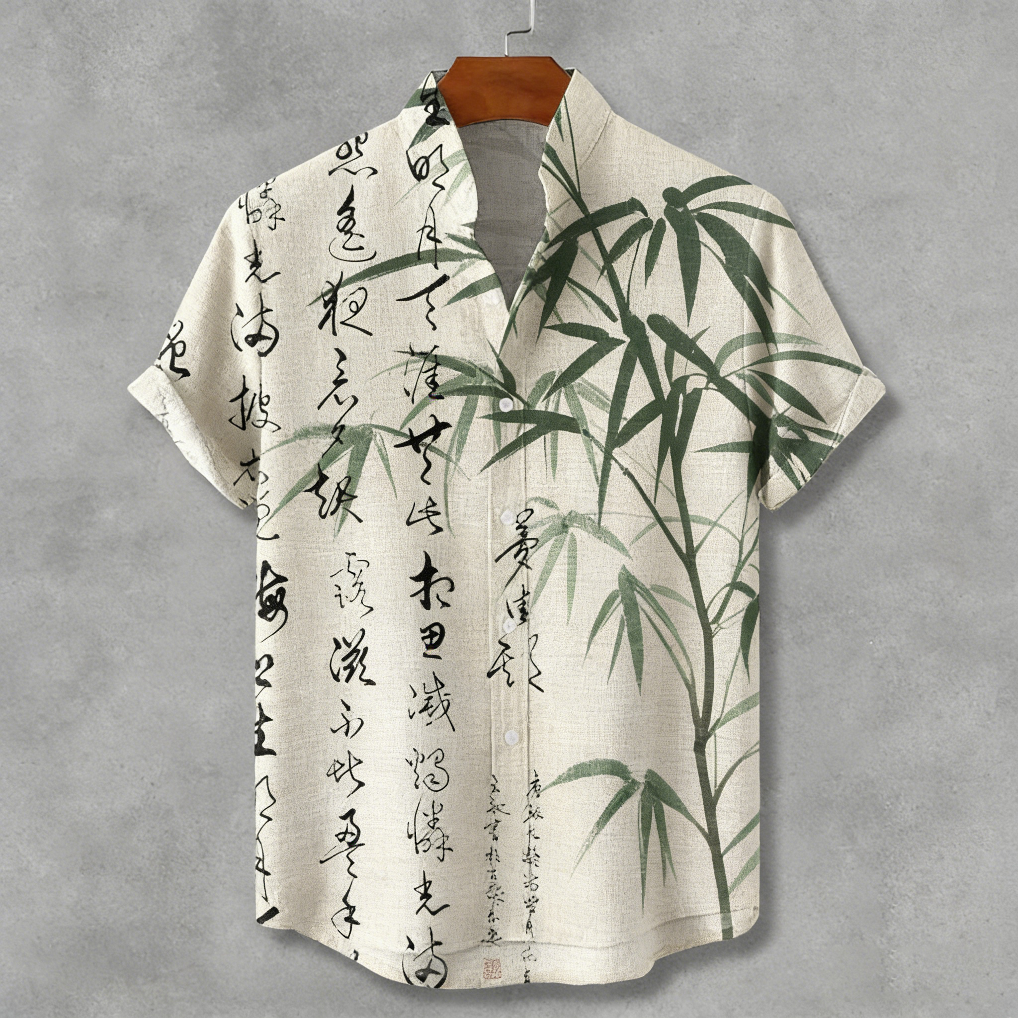 Comstylish Men's Retro Calligraphy And Bamboo Art Linen Short-sleeve Shirt