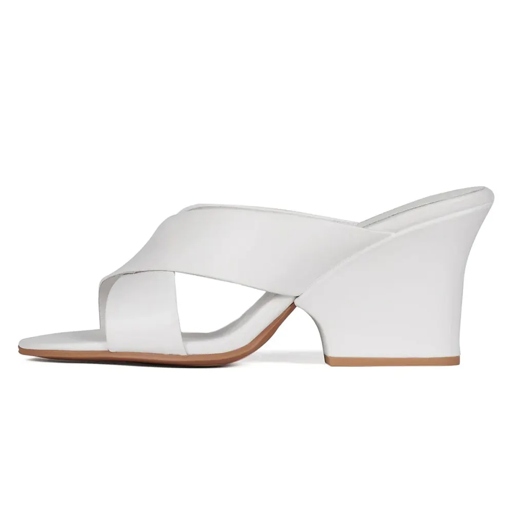 Round Toe Block High Heel Cross Strap White Mules for Women