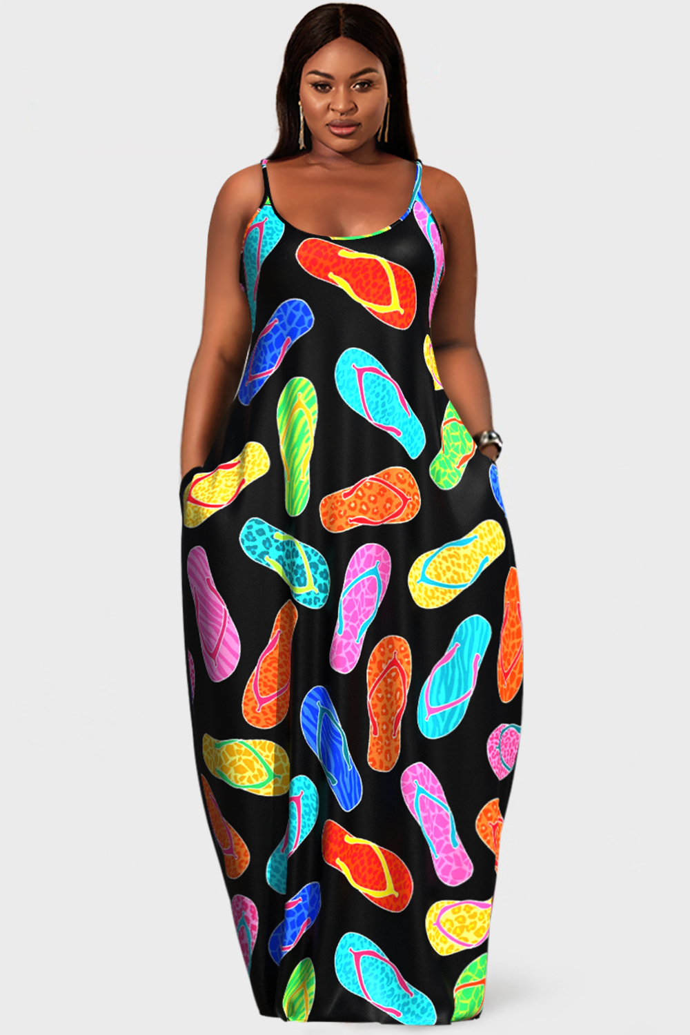 Design Plus Size Casual Multicolor All Over Print U Neck Sleeveless Pocket Maxi Dress [Pre-Order]