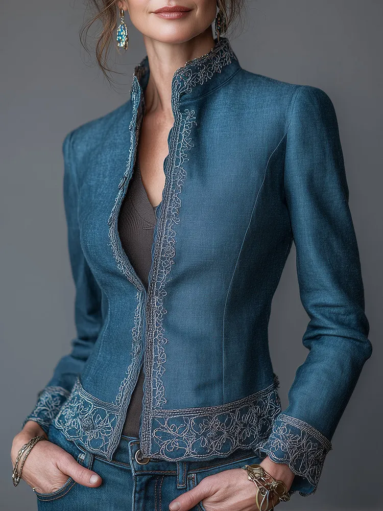 Vintage-style Embroidered Stand-collar Slim-fit Blazer