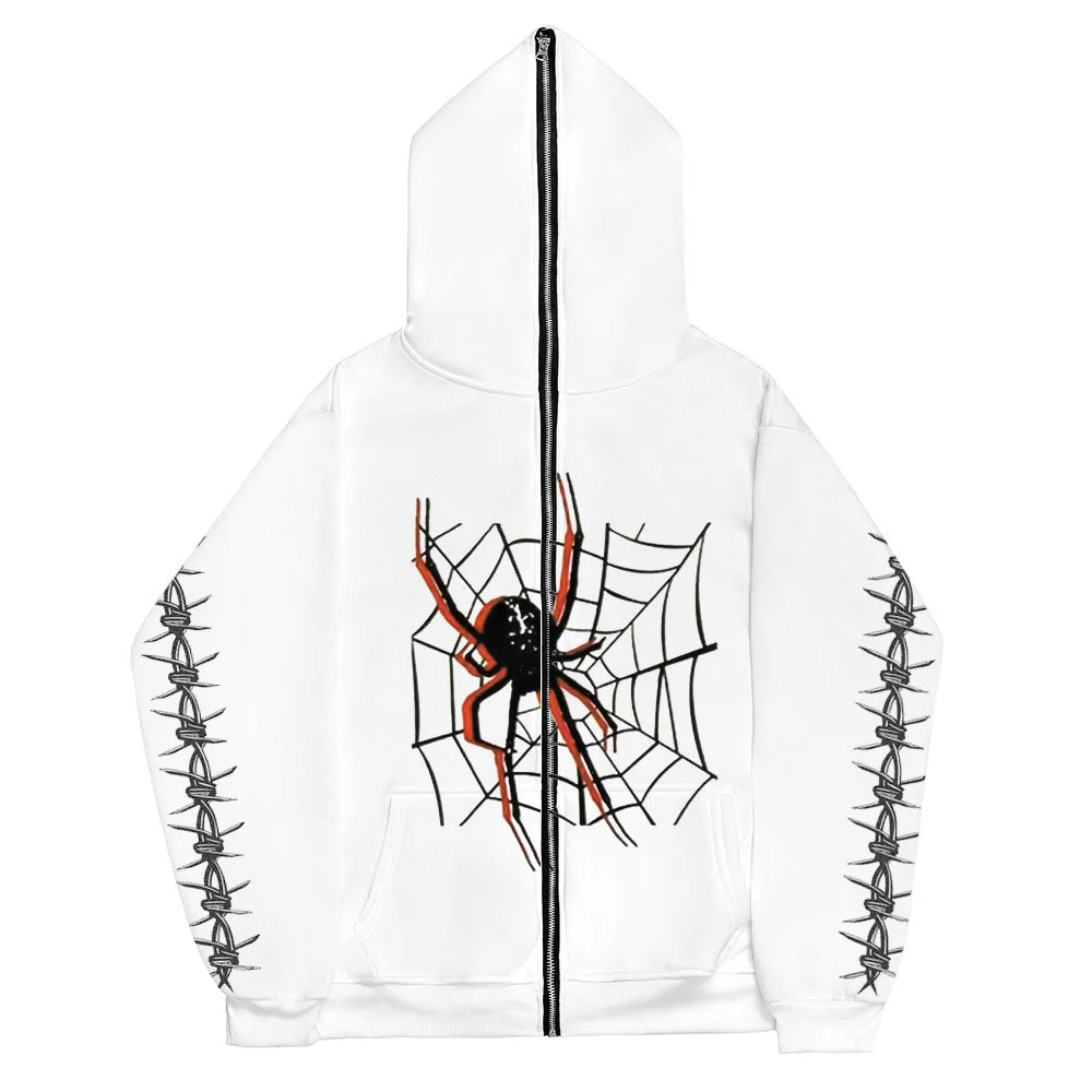 Street Goth Spider Print Zipper Sweatshirt Full Zip Up Hoodie