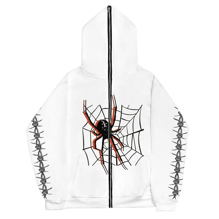 Street Goth Spider Print Zipper Sweatshirt Full Zip Up Hoodie at Hiphopee