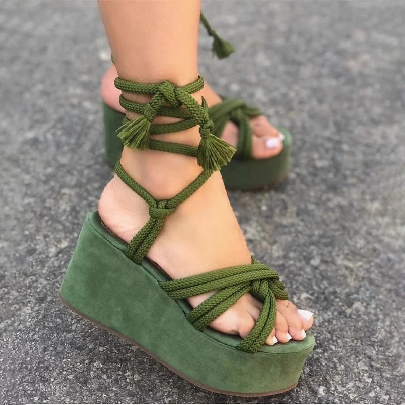 Women' s Wedges Sandals Cross Tie Fashion Platform Solid Gladiator Ladies Pumps Rome Vintage Casual Female Shoes 2022 New