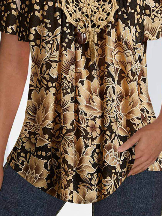 Women Short Sleeve U-neck Floral Printed Graphic Tops