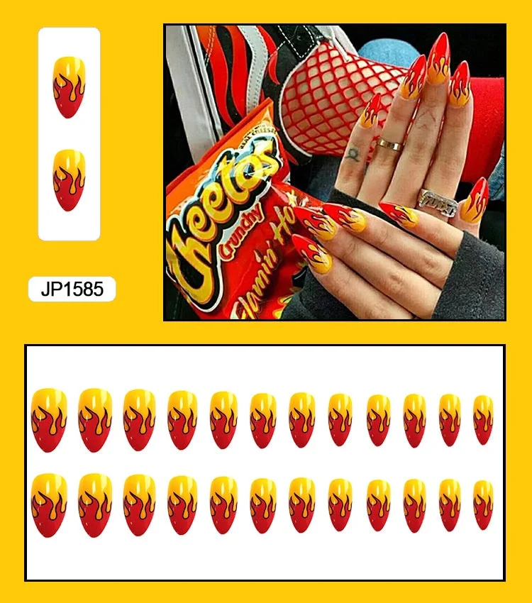 24PCS Dark Punk False Nails with Glue Gradient Long Detachable Fire Stick on Nails Skull Flame  Art DIY Fashion Manicure Tool-Nail Inspo