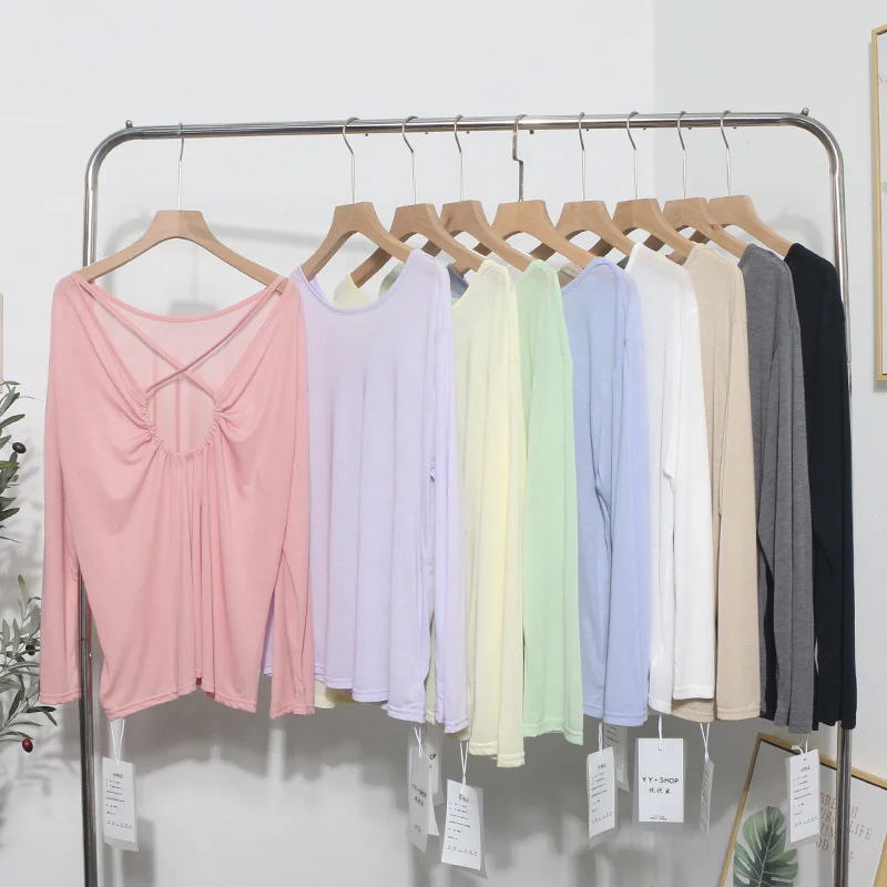 Brownm Real Shot Tiansi Mask Bare Back Long Sleeve Sunscreen Back Cross-Section Thin T-Shirt Shirt Top Woman 85830