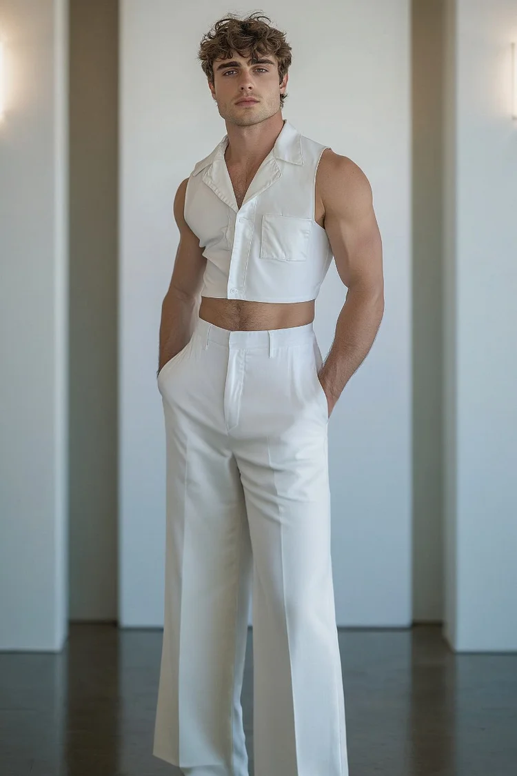 Men's Notch Lapel Crop Vest Wide Leg Pants White Two Piece Set [Pre-Order]