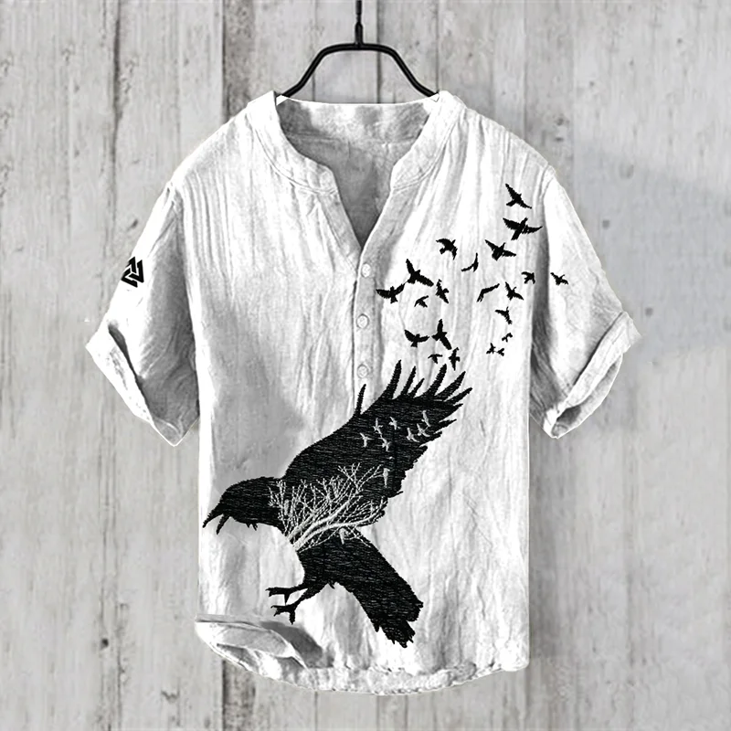Viking Crow Ethnic Graphic Embroidery Art Linen Blend Shirt