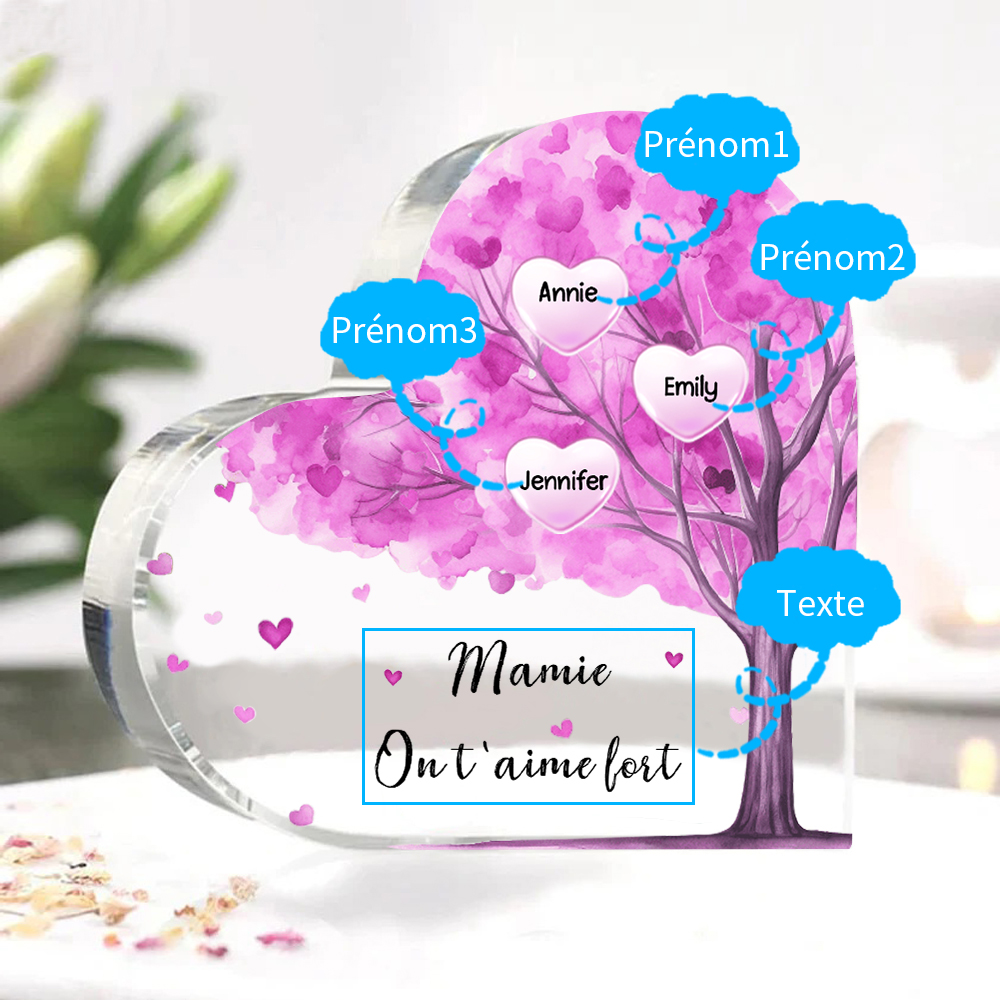 À ma Maman/Mamie - Plaque Acrylique Arbre en Forme de Cœur 3 Prénoms Personnalisés avec 1 Texte