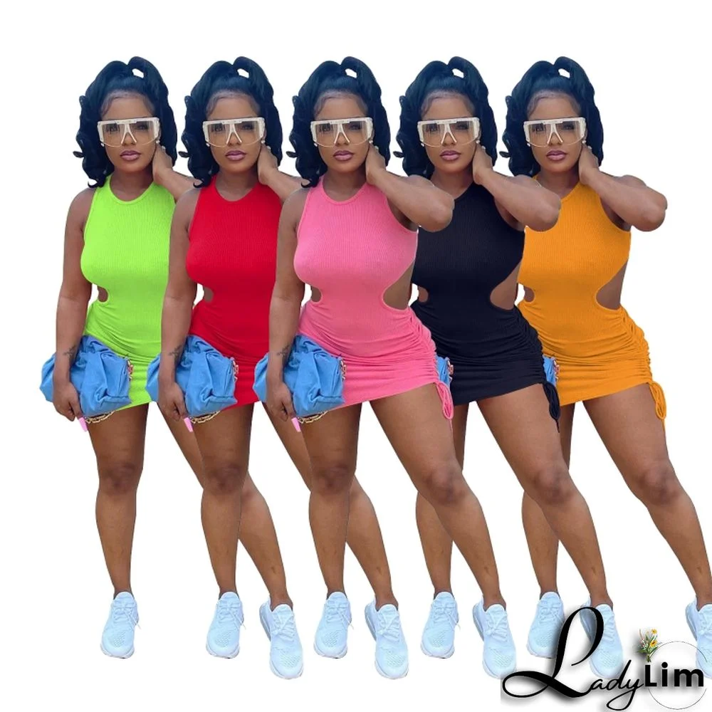 Women Summer Green Sexy Halter Sleeveless Solid Lace Up Mini Bodycon Dress