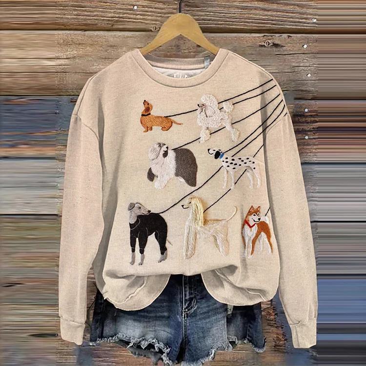Embroidered Dog Art Print Crew Neck Sweatshirt