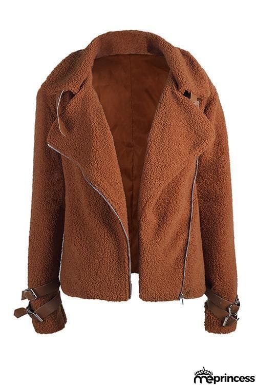 Buckle Fuzzy Zipper Coat