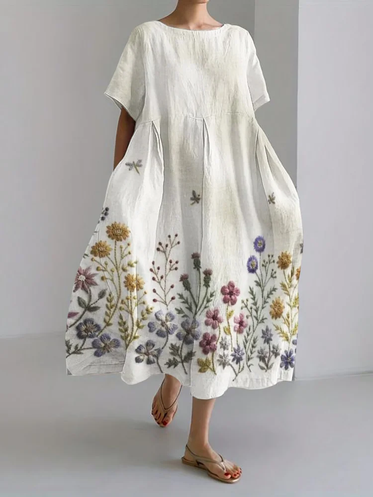 Dragonflies & Flowers Embroidered Hem Linen Blend Maxi Dress