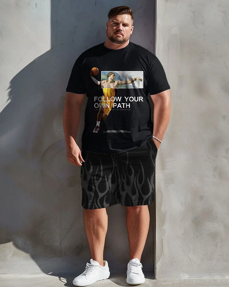 Men's Plus Size Casual Retro Art Basketball Print T-Shirt Shorts Suit