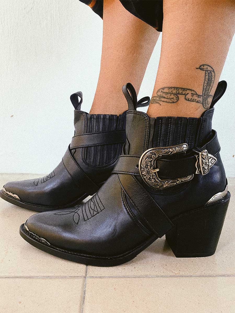 Black Round Toe Chunky Heel Ankle Boots with Criss-Cross Buckle Strap